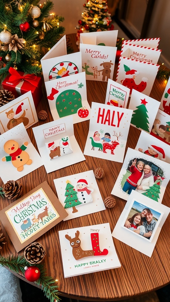A collection of creative handmade Christmas cards on a wooden table with holiday decorations.